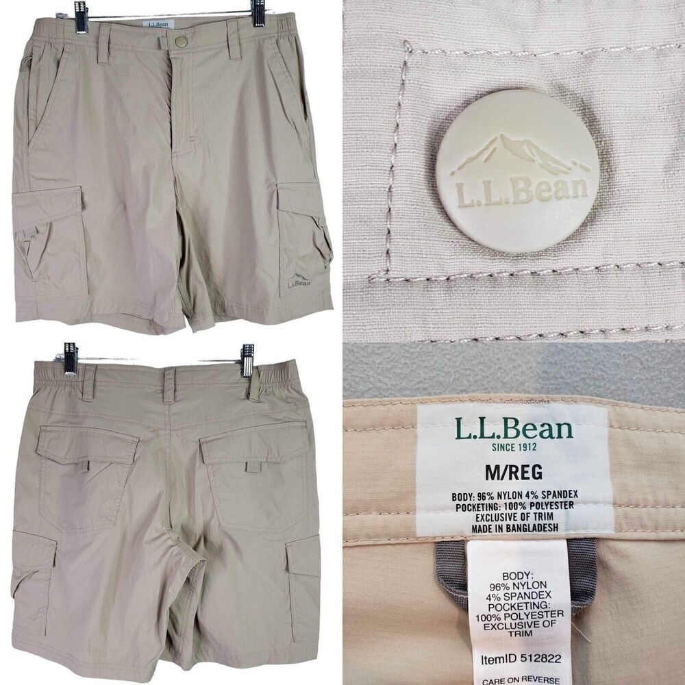 LL Bean Cargo Shorts Men's Size Medium M Khaki Flat Front Chino Hiking Nylon